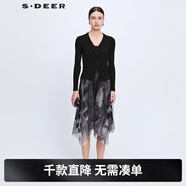 S.DEER圣迪奧女裝V領(lǐng)網(wǎng)紗印花針織真兩件黑色吊帶連衣裙S221Z1209 黑色/91 L 170