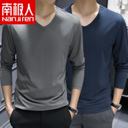南極人（Nanjiren）男士長(cháng)袖T恤潮流男裝V領(lǐng)體桖秋衣打底衫秋季內搭純色上衣服T內衣 V領(lǐng)【深灰+深藍】 4XL 【170-180斤內】