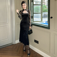 LIIS歐洲站絲絨連衣裙秋季女新中式改良旗袍法式宴會(huì )晚禮服包臀魚(yú)尾裙 黑色[小洋裝/赫本風(fēng)/成熟御姐/姐 S 均碼