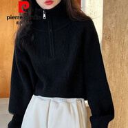 皮爾卡丹（pierre cardin）新款半拉鏈polo領(lǐng)蝙蝠袖針織衫高腰毛衣女短款時(shí)尚美拉德色系上衣 黑色優(yōu)先發(fā)貨 2XL 125-135