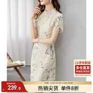 尚都比拉新中式立領(lǐng)盤(pán)扣旗袍改良版花瓣袖雪紡碎花連衣裙夏季 杏底花色 L 