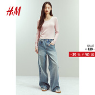 H&M女裝T恤2025秋季新款法式修身圓領(lǐng)蕾絲邊長(cháng)袖打底衫上衣1272126 淺粉色 XS 155/80