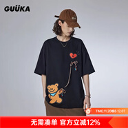 古由卡（GUUKA）潮牌短袖t恤男士打底衫夏季男裝新款青少年上衣服寬松五分半截袖 黑色 AGAHO聯(lián)名款F4645 S