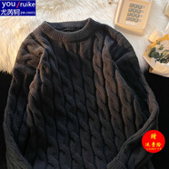 【胖子超大碼80-240斤男裝】尤芮軻麻花圓領(lǐng)毛衣男秋冬款加厚ins潮牌寬松針織衫大碼內(nèi)搭打底毛線(xiàn)衣 黑色 6XL 220~245斤可穿