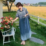 夏典素訂女王（SE.PSTP）漸變色牛仔連衣裙女夏季2025新款氣質(zhì)寬松遮肚超長(cháng)款到腳踝襯衫裙 牛仔裙 M 【111斤-125斤】