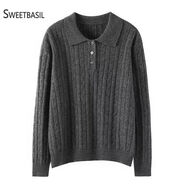 紫淑（Sweet basil）高級感灰色POLO針織衫毛衣女秋冬百搭軟糯內搭套頭打底衫上衣 深灰色 均碼  建議85-120斤
