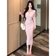 妙奕嘉修身包臀裙約會(huì )純欲性感法式連衣裙秋冬裙子禮服長(cháng)裙高級感女人味 粉色御姐風(fēng)氣質(zhì)v領(lǐng)露肩針織包臀裙 均碼 【建議80-120斤】