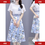 ANTCITY 202026夏季新款韓版時(shí)尚百搭顯瘦氣質(zhì)短袖雪紡碎花兩件裝裙子女夏天 藍色套裝 S