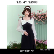 糖力【商場(chǎng)同款】春秋季新款薄紗長(cháng)袖蝴蝶結中長(cháng)款開(kāi)叉連衣裙女 黑色 M