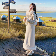 高級感白色小香風(fēng)短款毛毛外套女冬加厚夾棉半身裙套裝裙兩件套 杏色  長(cháng)裙套裝 S