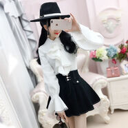 百搭黑色高腰單排扣半身裙女2024春季韓版打底新款韓版短裙小清新 白色荷葉袖襯衫+半身裙【套裝】 S