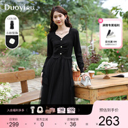 朵以2025春季新款復古桃心領(lǐng)褶皺毛織拼接網(wǎng)紗荷葉邊黑色連衣裙 黑色 S