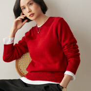 鄂爾草原鄂爾多市產(chǎn)25新款低領(lǐng)雙股加厚山羊絨衫女圓領(lǐng)短款純色毛衣寬松針 復古紅 L