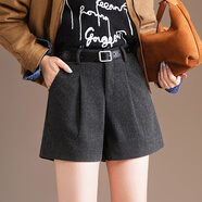 魔之韻秋冬新款女士毛呢短褲時(shí)尚氣質(zhì)百搭高腰修身顯瘦短褲子厚瘦腿9020 深灰色【送腰帶】 S （75-90斤左右）