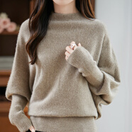 kangnai慵懶風(fēng)羊毛一字領(lǐng)針織衫長(cháng)袖毛衣外套新款寬松蝙蝠袖女上衣 高雅駝 L