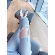 EVA WILLINGEva君君醬韓系高腰豐胯彈力破洞牛仔小腳褲女淺色緊身百搭鉛筆褲 淺藍色 S