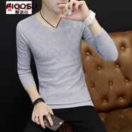 費洛仕春秋季新款男士V領(lǐng)薄款針織衫韓版潮修身長(cháng)袖打底衫毛衣男秋衣 淺灰色 M