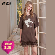 妖精的口袋歐根紗拼接草莓刺繡t恤連衣裙女2025新款寬松休閑裙子 草莓深咖色 L