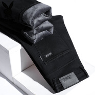 花花公子（PLAYBOY）男褲子新款2025新款秋冬高端黑色加絨牛仔褲款寬松直筒長(cháng)冬季加厚 純黑色(保暖) 加絨 28