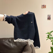 韓系下擺蕾絲加厚毛衣女外套2025秋冬慵懶風(fēng)設計感長(cháng)袖針織衫上衣 藏青色 均碼 A 【80-130斤】