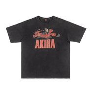 AKira vintage tee阿基拉復古做舊T恤高街寬松男女款休閑落肩短袖 水洗黑 S