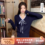 西遇（Westlink）v領(lǐng)長(cháng)袖針織衫女2025年秋季新款學(xué)院風(fēng)系帶蝴蝶結套頭毛衣 寶藍色 M (160)