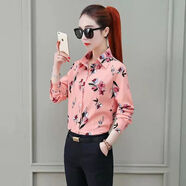淺伊琳春季新款雪紡女襯衫長(cháng)袖個(gè)性玫瑰印花時(shí)尚洋氣緞面上衣女 粉色印花長(cháng)袖偏小碼 S S碼75-85斤