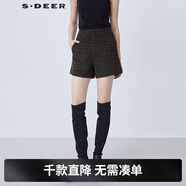 S.DEER圣迪奧女裝時(shí)尚休閑撞色格紋毛呢A字短褲S21480901 墨棕綠/99 L/170