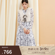 SNIDEL秋冬甜美淑女荷葉邊收腰百褶印花連衣裙SWFO244316 淺灰色 S （0）