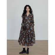 京東甄選秋季天絲亞麻印花顯瘦連衣裙女2025新款覆古設計感a字裙 咖色 S S