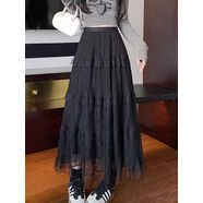 松緊腰杏色蕾絲花邊半身裙女夏季層次感網(wǎng)紗裙甜美百搭A字裙 蕾絲花邊裙黑色雙層面料 L L體重100-115斤