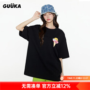 古由卡（GUUKA）潮流短袖t恤衫女士夏季上衣服25新款純棉寬松高檔洋氣魔術(shù)貼小狗 黑色 M