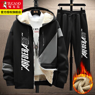 啄木鳥(niǎo)外套男2025春秋冬季新款青少年潮流寬松休閑連帽加絨開(kāi)衫上衣服裝 TZ9832黑色上衣+褲子【加絨】 L