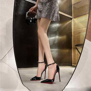 磐攜歐美黑色漆皮尖頭超淺口紅底一字帶高跟鞋女細跟交叉綁帶涼鞋單鞋 黑色中空10公分一字帶紅底 34 34