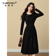 法貝莎品牌優(yōu)雅赫本風(fēng)黑色針織連衣裙女冬季新款法式配大衣的掐腰裙子 赫本黑 XL