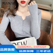 棉致秋冬ins嘻哈風(fēng)長(cháng)袖顯瘦針織打底衫紐扣毛衣修身緊身上衣短款上衣 灰色 均碼