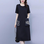 夏季胖mm女裝寬松短袖過(guò)膝字母連衣裙長(cháng)裙大碼黑色口袋直筒潮特大 黑色# L 建議110-130斤