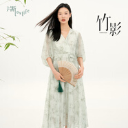 片斷（dribs＆drabs）片斷【竹影春野】連衣裙女2025春季新款國風(fēng)v領(lǐng)燈籠袖盤扣長裙 綠白 160/84A/M