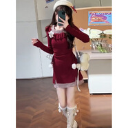 米詩(shī)德新年情侶裝衛衣2025新款新年戰袍格子拼接長(cháng)袖針織連衣裙辣妹氣質(zhì) 短款 S 均碼