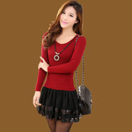 丹俏麗加絨秋冬季女裝新款拼接連衣裙時(shí)尚蓬蓬裙假兩件中長(cháng)款針織 上紅下黑裙 XL XL