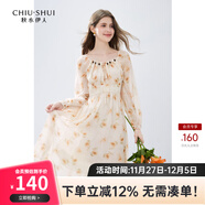 秋水伊人唯美仙氣碎花雪紡連衣裙年秋季女高腰顯瘦中長(cháng)裙 花料 S