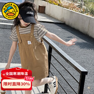 G.DUCKKIDS童裝女童套裝夏季新款純棉短袖背帶褲童裝中大童兒童衣服休閑夏裝 卡其 130 【建議6-7歲】