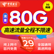 中國電信流量卡純上網(wǎng)卡電話卡手機(jī)卡5g電信流量卡通用低月租流量卡全國不限速高速卡 星卡｜29元80G全國流量不限速+首月免月租