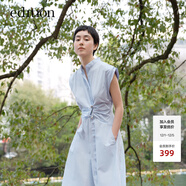 edition立領(lǐng)連衣裙女夏新款設計感小眾金屬扣收腰匹馬棉裙子 藍色 L 170