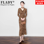FLADY國際一線(xiàn)品牌覆古波點(diǎn)提花植絨彈力網(wǎng)紗修身包臀顯身材長(cháng)袖連衣裙 焦糖色 L