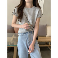 ANTCITY 202025初夏穿搭新款正肩針織短袖t恤女獨特漂亮超好看小衫短款上衣 灰色_減齡_辣妹_甜美_名媛_時(shí)尚_百搭_超火_高 S _建議80-95斤_(當天發(fā)貨)