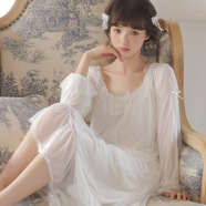 日本JP仙女風(fēng)女士莫代爾長(cháng)袖網(wǎng)紗睡裙寬松連體連衣裙少女睡衣舒適 經(jīng)典米白 S （建議80-95斤穿