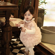 一歲女?huà)肷者B衣裙，韓國公主連衣裙，松軟蛋糕連衣裙，抓周連衣 粉色裙白色毛衣 100 cm