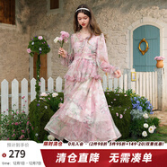 兩三事櫻色之戀 2025春季新款荷葉邊拼接印花雪紡連衣裙飄逸長(cháng)裙 粉花色-y M