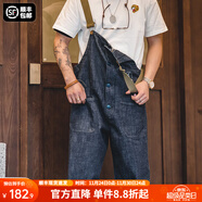 馬登工裝美式復古情侶甲板背帶褲水洗丹寧直筒闊腿牛仔褲休閑長(cháng)褲男潮 牛仔藍 M
